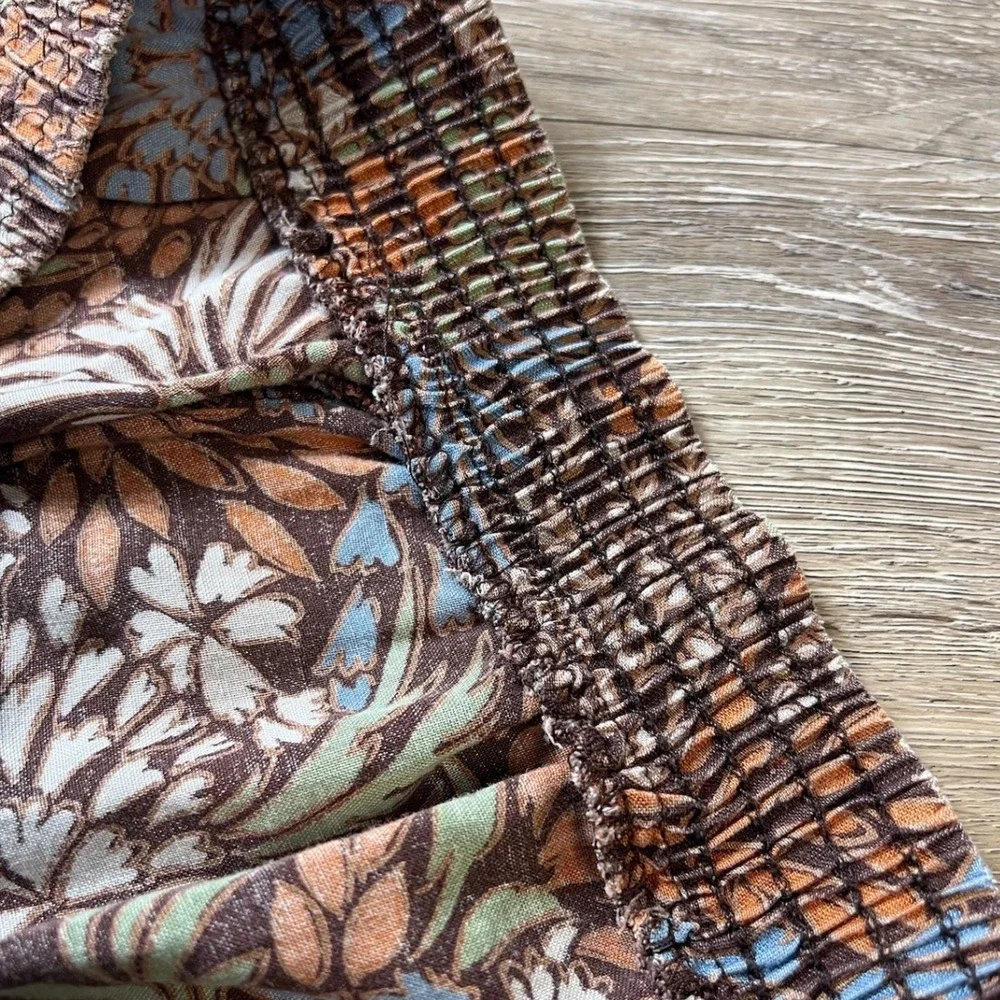 Handmade Floral Maxi Skirt Womens M Brown Orange Smocked Elastic Waist Boho